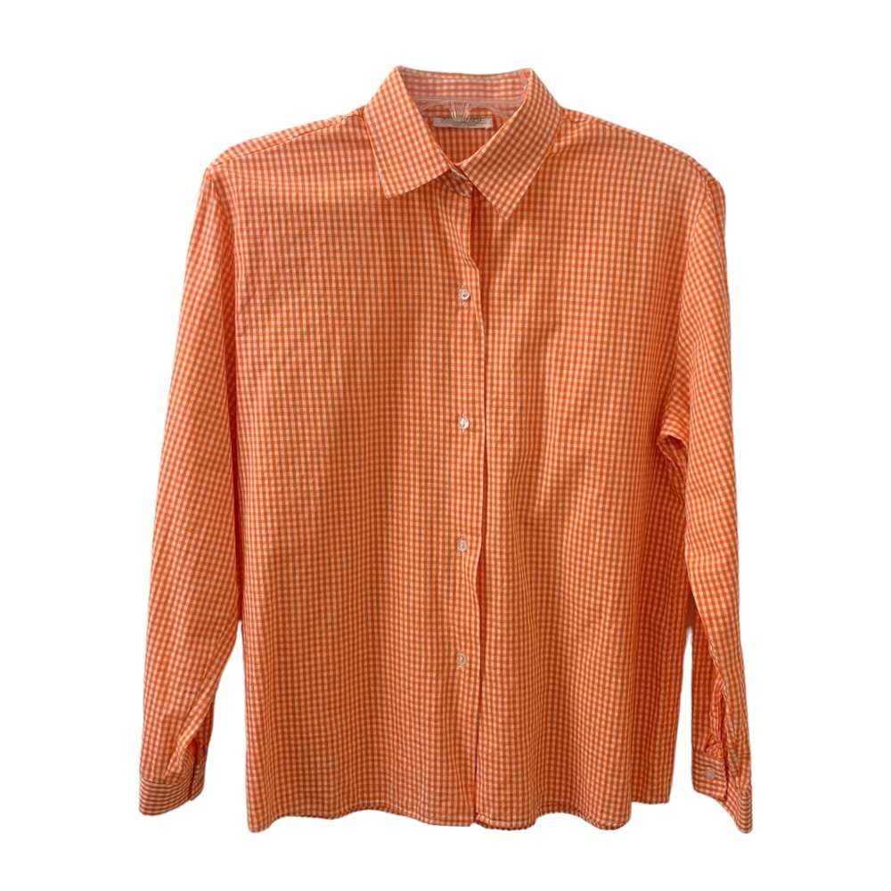 Gingham Bright Tangerine Orange Button Up Shirt Preppy Bright Women’s Medium